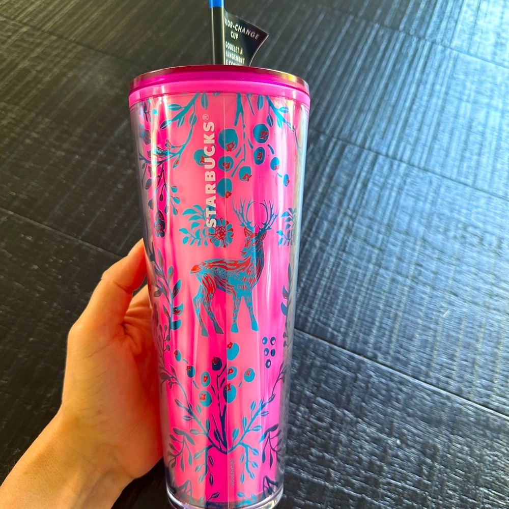 Starbucks Barbi style tumbler. Color change from pink to deep cold beverage. Cup